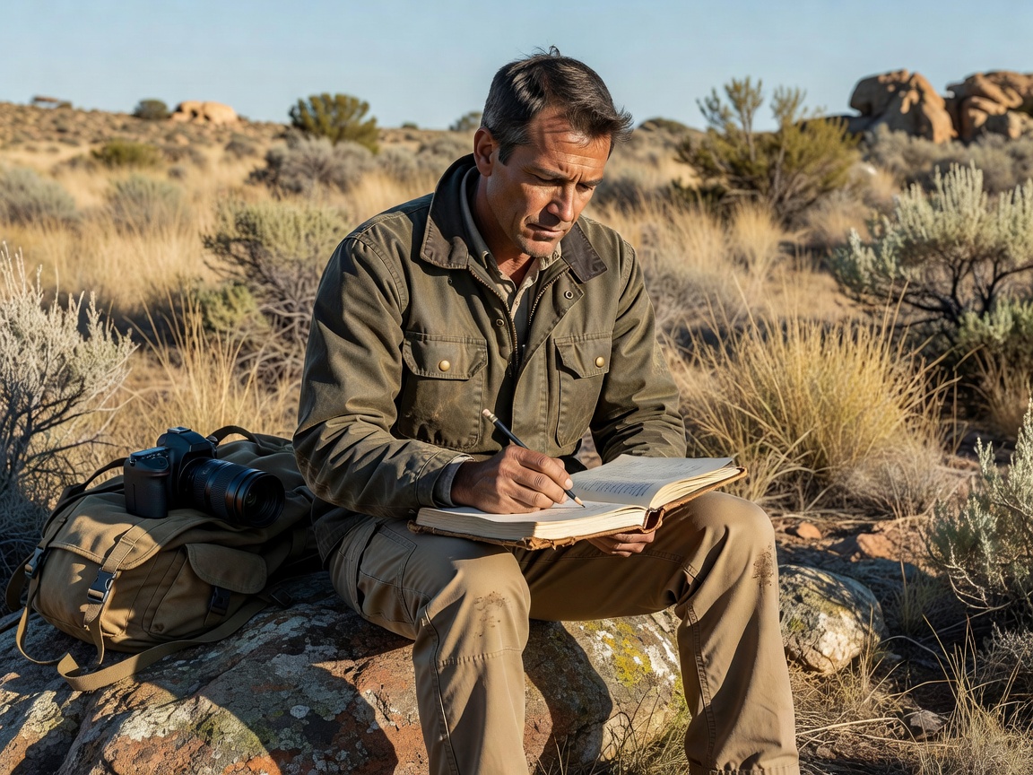 Researcher writing notes in field journal